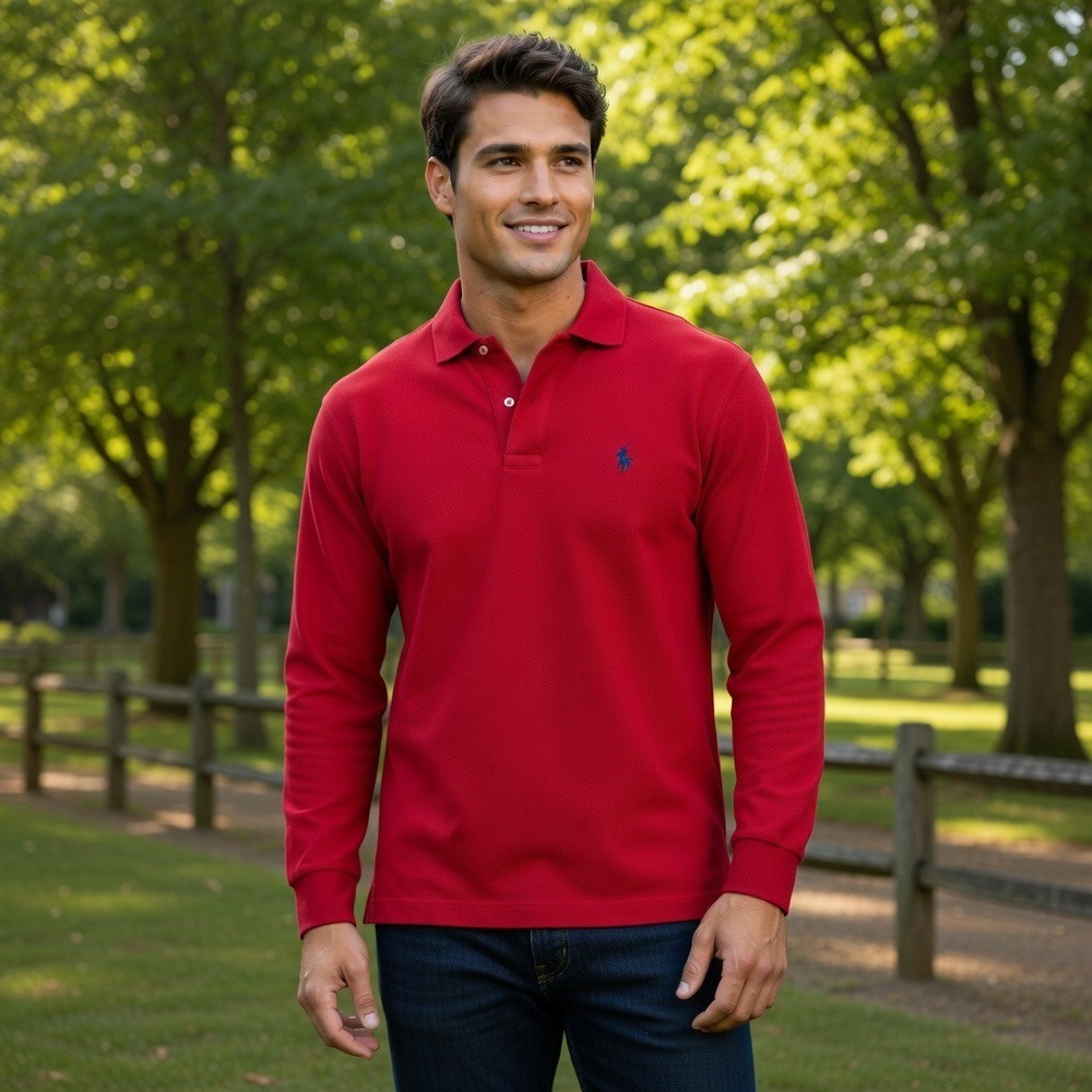 Polo Ralph Lauren Mens XL Red Long Sleeve Pique‎ Cotton Pony Logo Polo Shirt